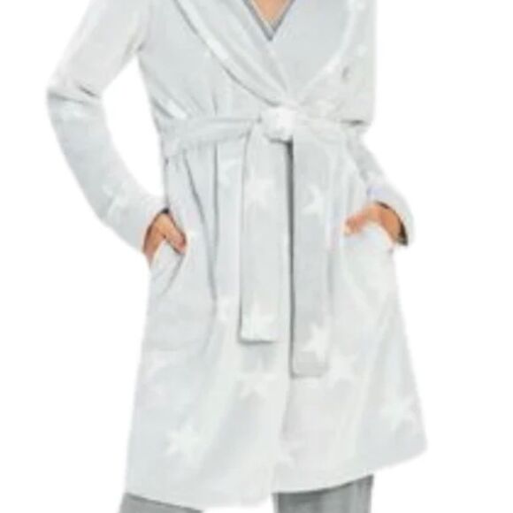 Ugg Grey/White Stars Cozy Fleece Miranda Cozy Fleece Hoodie Belted Wrap Robe NWT - Picture 8 of 17
